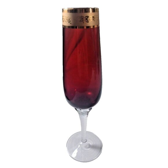 A Ruckl & Sons Champagne Glass Ruby Red With Etched Gold Trim - Picture 3 of 5